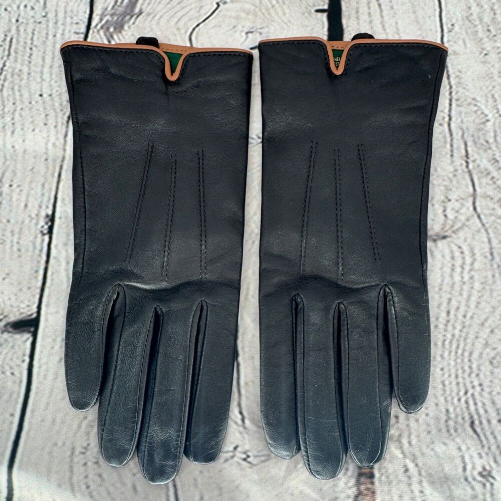 Lauren Ralph Lauren Leather/Cashmere Lined Gloves Women's Small Black/Brown Trim
